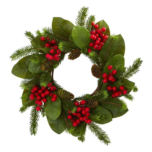 19"  Magnolia Leaf, Berry and Pine Artificial Wreath