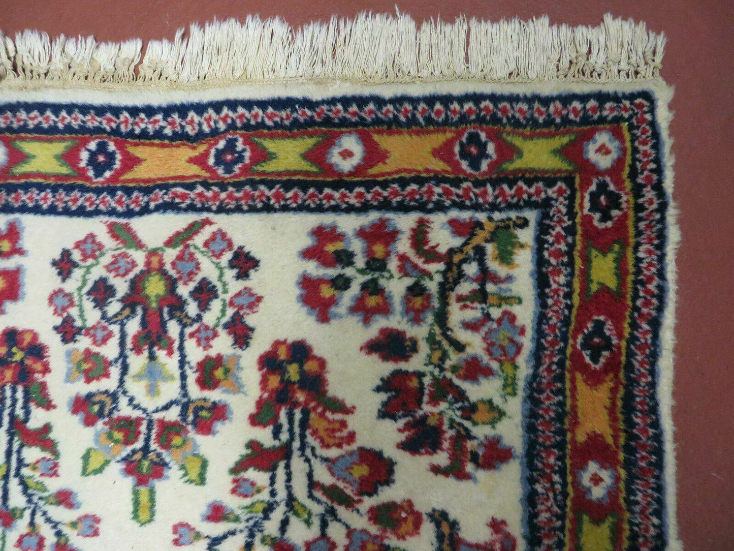 Small Persian Rug 2 x 3, Tiny Persian Sarouk Carpet, Cream Navy Blue Red, Floral Medallion, Vintage Wool Rug, Handmade Hand-Knotted Oriental Rug