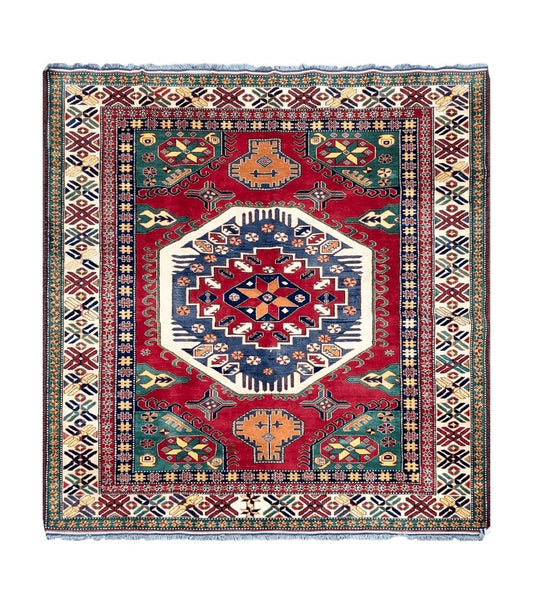 Vintage Turkish Kazak Area Rug, 6ft Square Rug, 6x6 Square Oriental Carpet, Hand-Knotted, Wool, Bold Colors, Red Blue Green, Geometric Rug