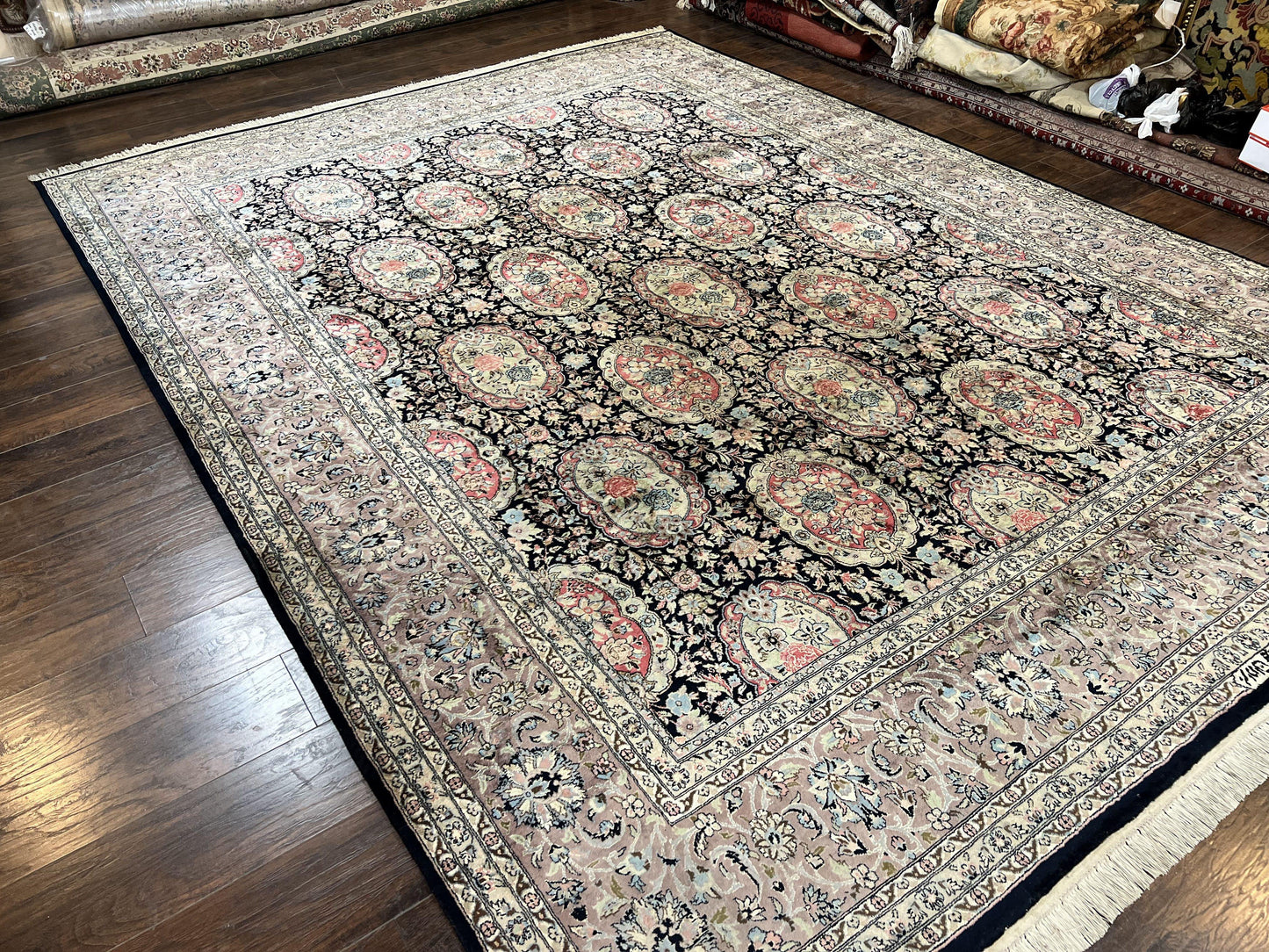 Sino Persian Rug 9x12, Navy Blue and Pink Hand Knotted Wool and Silk Highlights Vintage Oriental Carpet, Handmade Floral Area Rug 9 x 12 ft