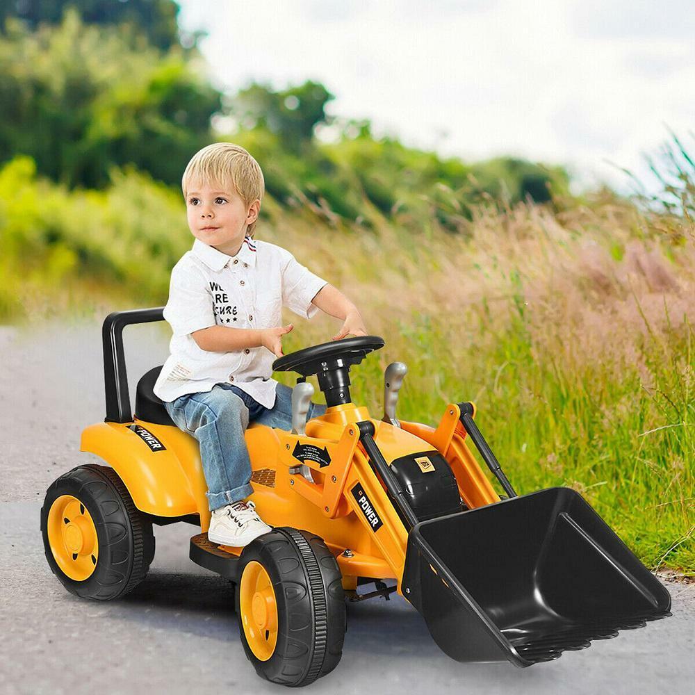 6V Battery Powered Kids Excavator Digger with Digging Bucket - Yellow Tractor Toy