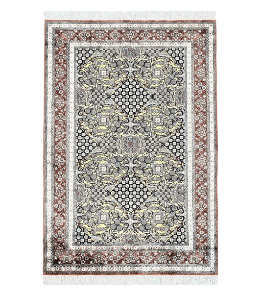5x8 Indian Kashmiri Silk Rug with Gold Threads