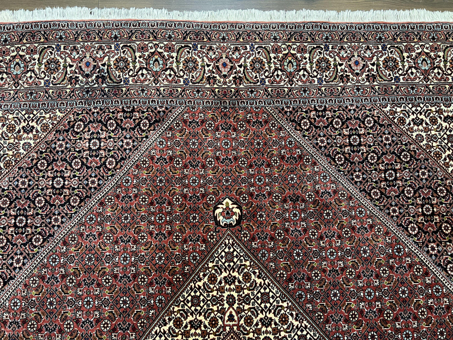 Wonderful Persian Bidjar Rug 7x8 ft, Almost Square Oriental Carpet, Herati Mahi, Highly Detailed, Ivory Red Navy Blue, Very Fine Handmade Bijar Rug
