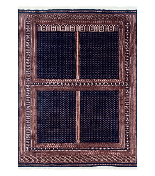Pakistani Rug 8x11, Hand Knotted Wool Carpet, Navy Blue Red Beige, Four Season Hatchli Design, 8 x 11 Vintage Fine Oriental Rug, Room Sized