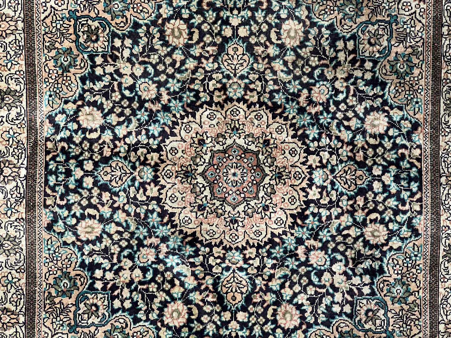 Sino Persian Silk Rug 2x2 ft, Very Fine High KPSI Small Silk Oriental Carpet, Hand-Knotted, Medallion, Vintage Silk Rug, Black Ivory/Cream