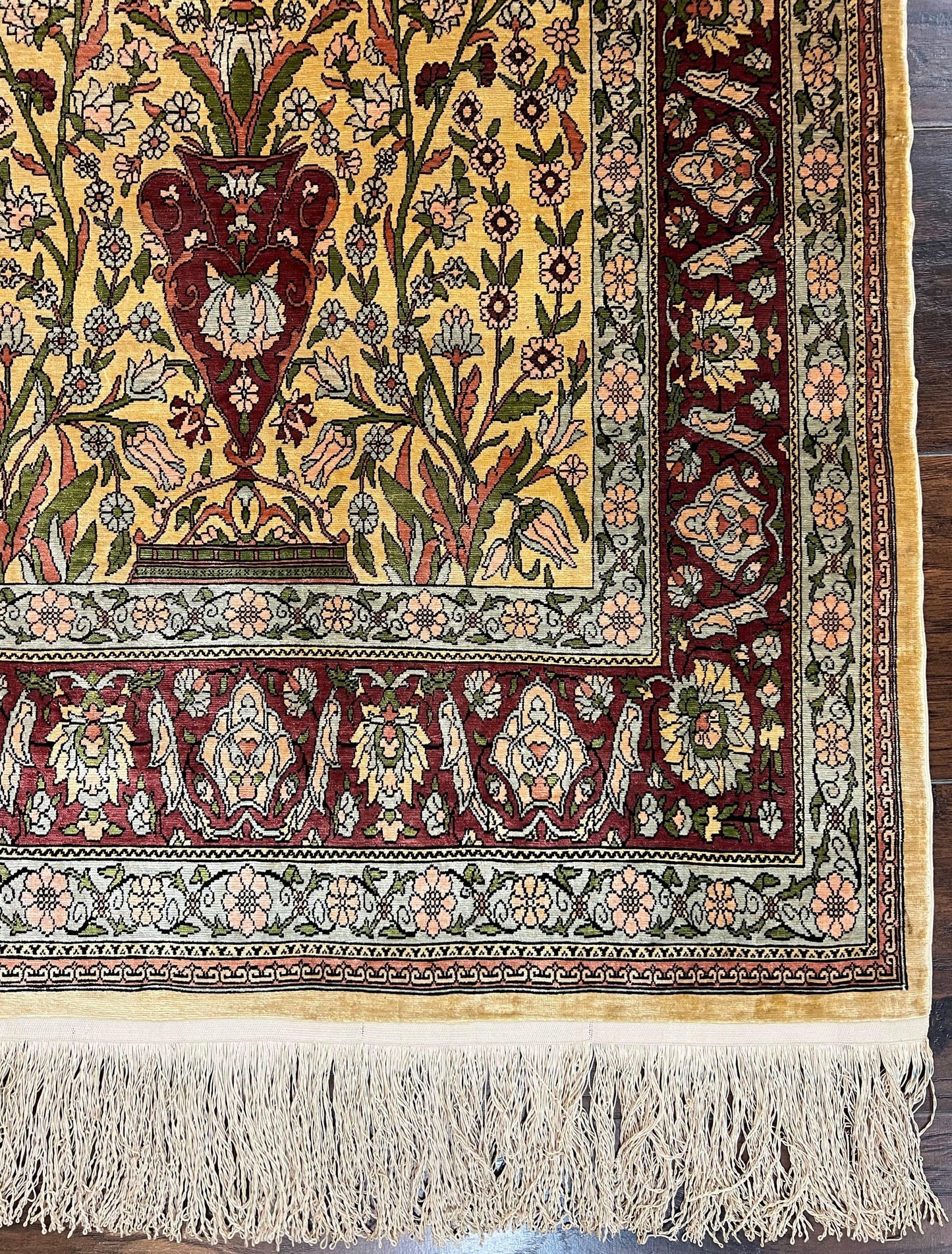 Wonderful Silk Turkish Hereke Prayer Rug 2.8 x 4.5, Tree of Life Design, Signature from Master Weaver, Gold and Burgundy, Handmade, 625 KPSI