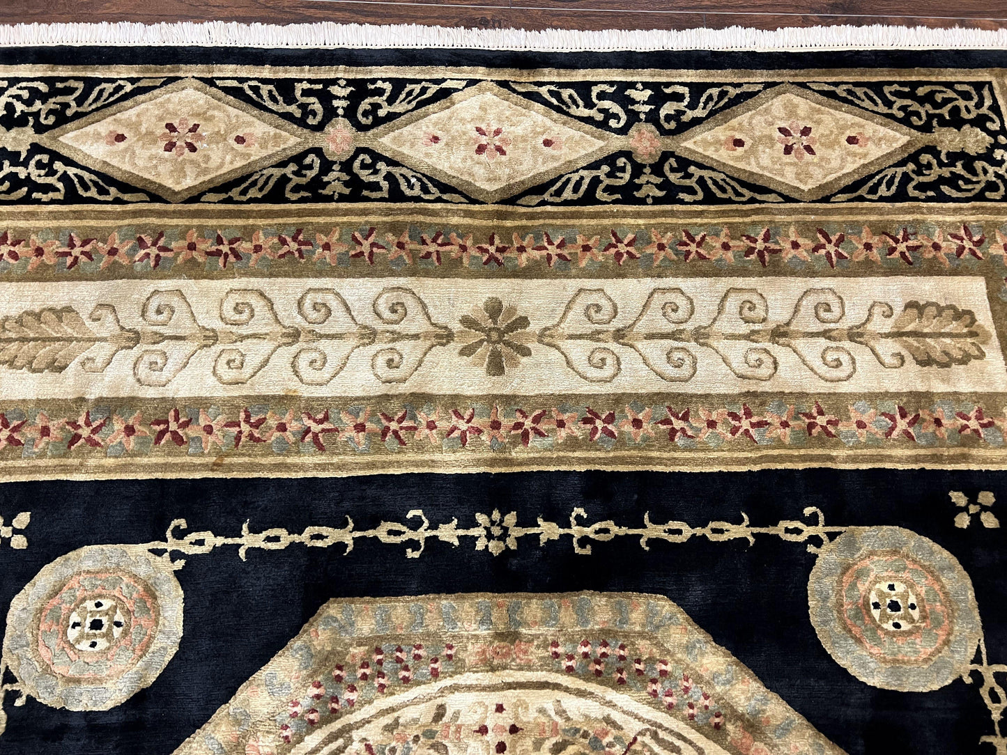 Tibetan Rug 8x10, Nepali Area Rug, Soft New Zealand Wool Carpet 8 x 10 ft, Black Tan Beige, Vintage Handmade Rug, French Aubusson Pattern