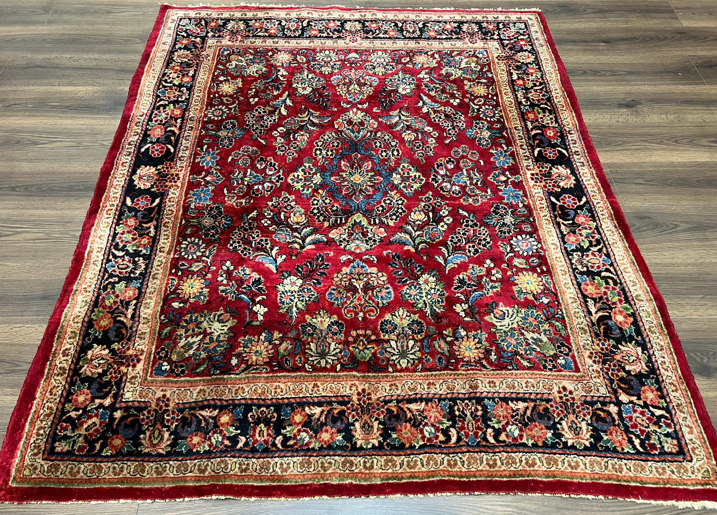 Persian Sarouk Rug 5x6, Hand Knotted Antique 1920s Sarouk, Red Navy Blue
