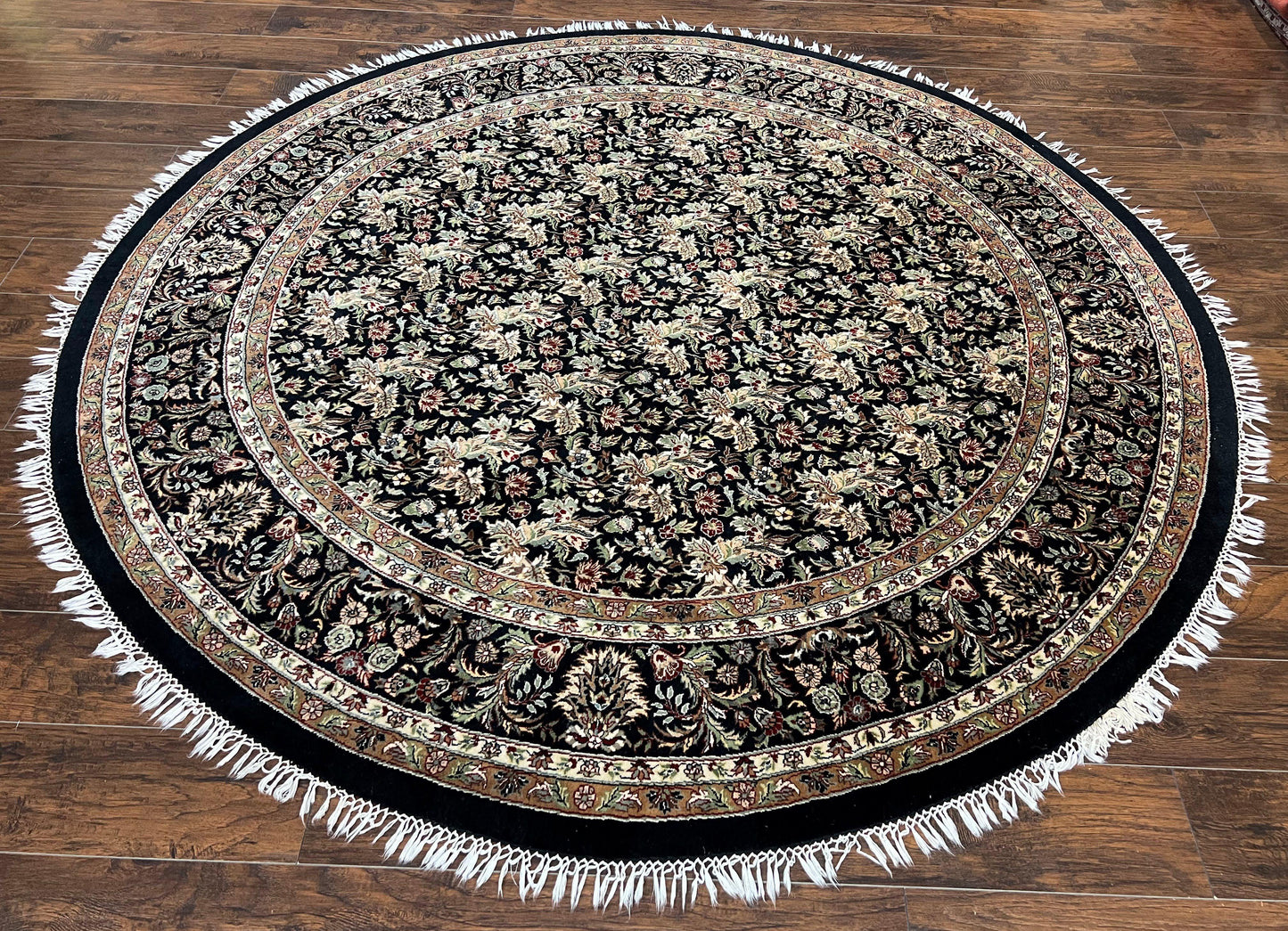 Round Oriental Rug 8x8 ft, William Morris Floral Pattern Carpet, 8 x 8 ft Round Rug, Black Cream and Tan 8ft Round Handmade Indo Persian Rug