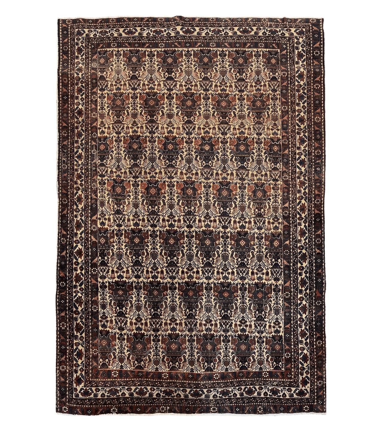 Antique Persian Afshar Rug 5x7, Wool Hand Knotted Oriental Carpet 5 x 7 ft, Repeated Motif Allover, Cream and Maroon, Tribal Rug, Medium Sized Rug,  Zil-i-Sultan Design