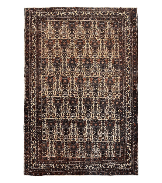Antique Persian Afshar Rug 5x7, Wool Hand Knotted Oriental Carpet 5 x 7 ft, Repeated Motif Allover, Cream and Maroon, Tribal Rug, Medium Sized Rug,  Zil-i-Sultan Design