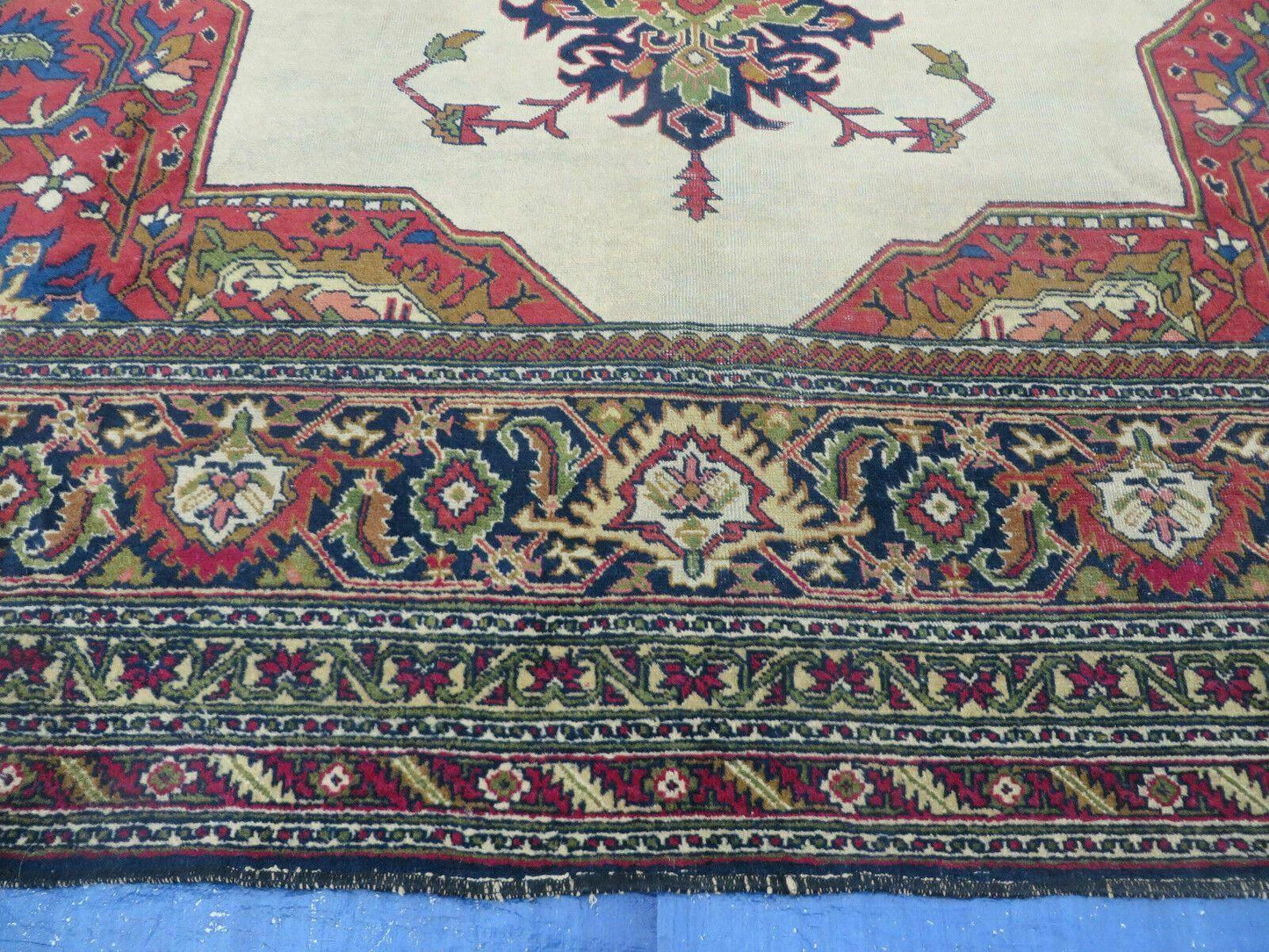 Persian Tabriz Rug 10x13 Oriental Carpet, Ivory Open Field, Geometric Medallion, Red Blue, Hand Knotted, Large Wool Area Rug Vintage Antique 1950s