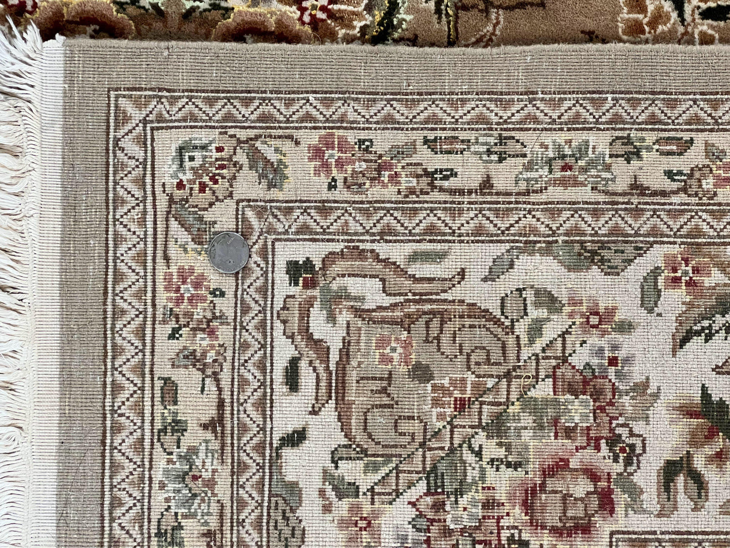 Sino Persian Rug 8x10, Soft Wool, Silk Highlights, Hand Knotted Vintage Carpet, Taupe & Ivory, Floral, Traditional Rug 8 x 10