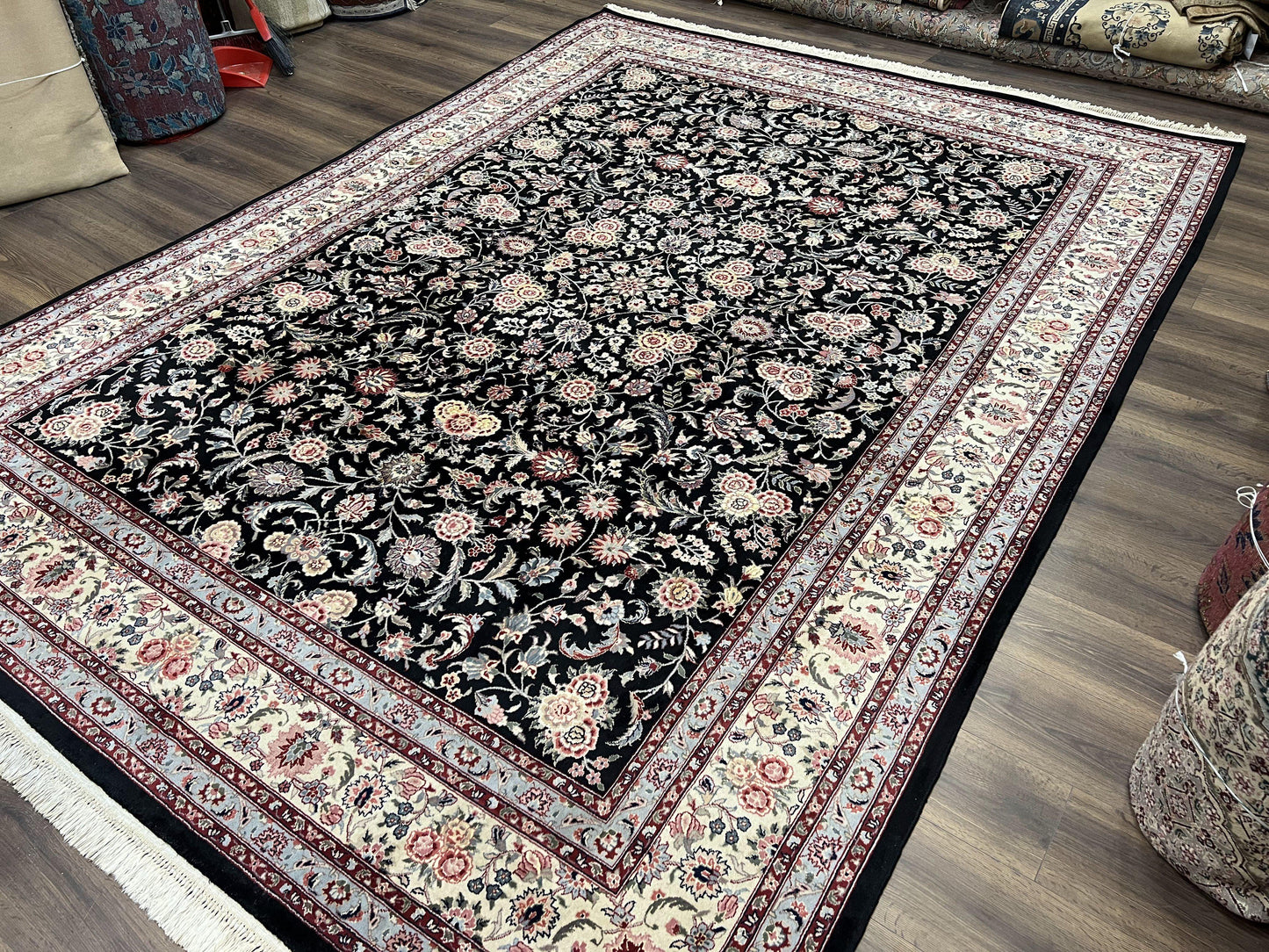 Pak Persian Rug 9x12, Floral Allover, Hand Knotted Oriental Carpet 9 x 12 ft, Black and Cream, Detailed, Wool with Silk Highlights, Vintage