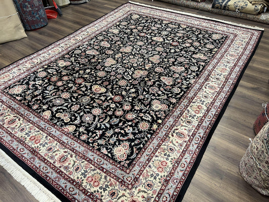 Pak Persian Rug 9x12, Floral Allover, Hand Knotted Oriental Carpet 9 x 12 ft, Black and Cream, Detailed, Wool with Silk Highlights, Vintage