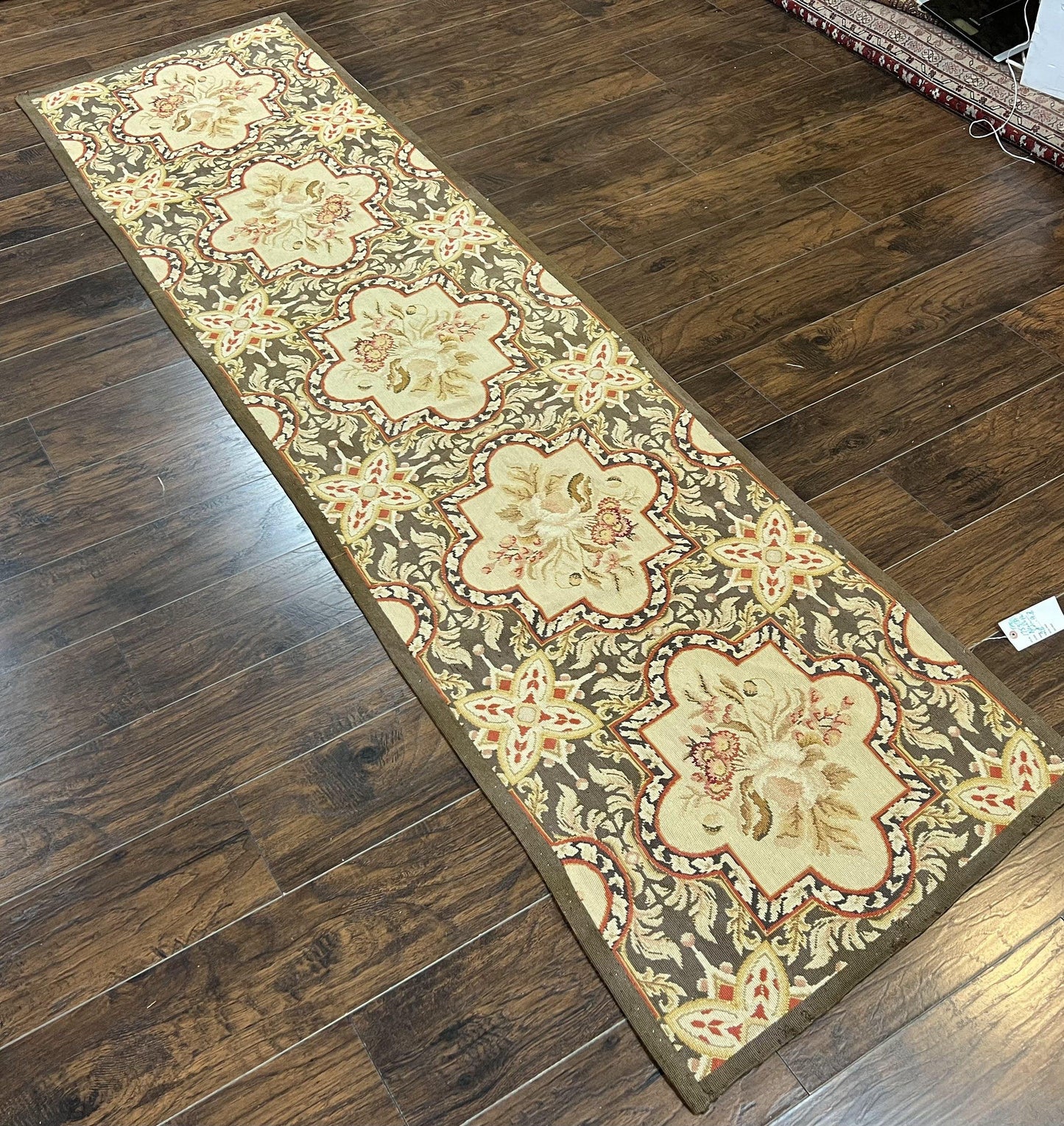 Needlepoint Runner Rug 2.8 x 9.8, Brown and Beige, Handwoven Handmade Floral French European Design, Vintage Flatweave 10ft Wool Runner Rug