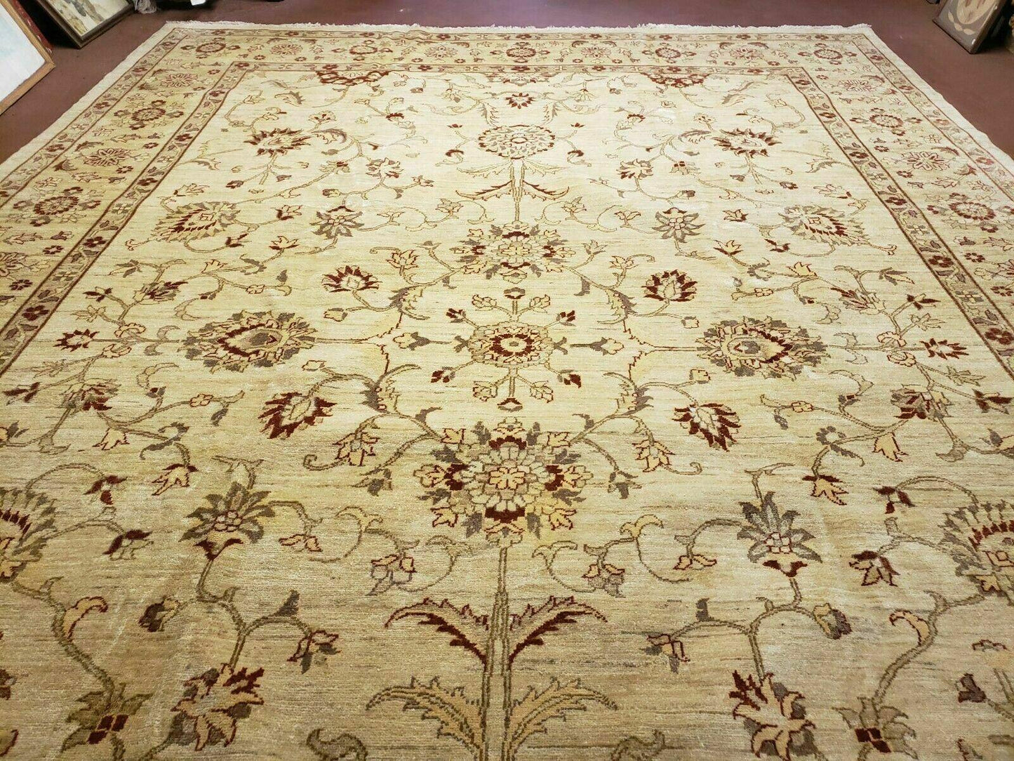 Oushak Rug 10x14 Neutral Colors Handmade Peshawar Wool Carpet Oatmeal Beige