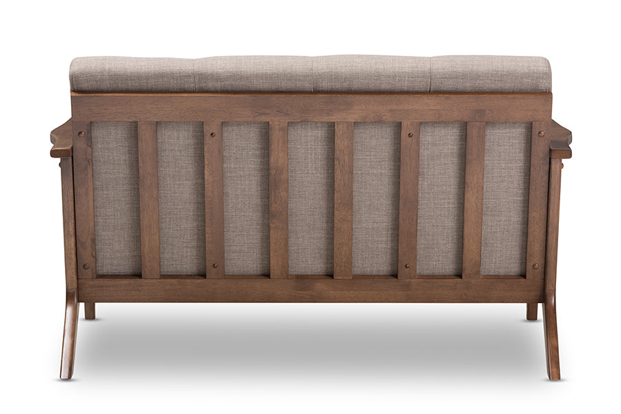 Baxton Studio Bianca Mid-Century Modern Walnut Wood Light Grey Fabric Tufted 2-Seater Loveseat