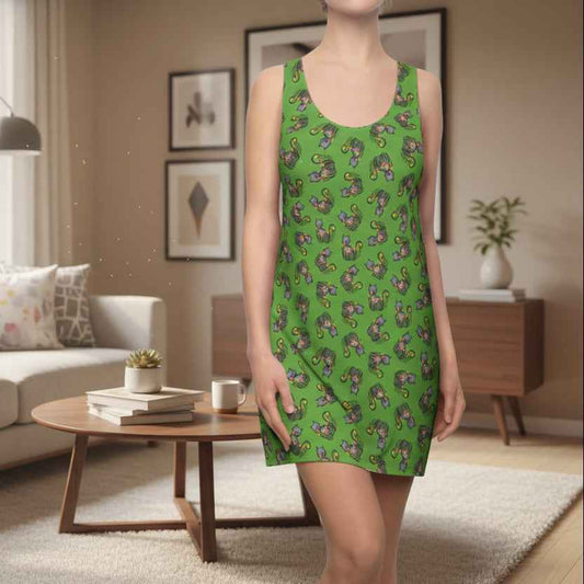 Green WhimsiCat Racerback Dress – Lightweight Athletic Cat Print Dress