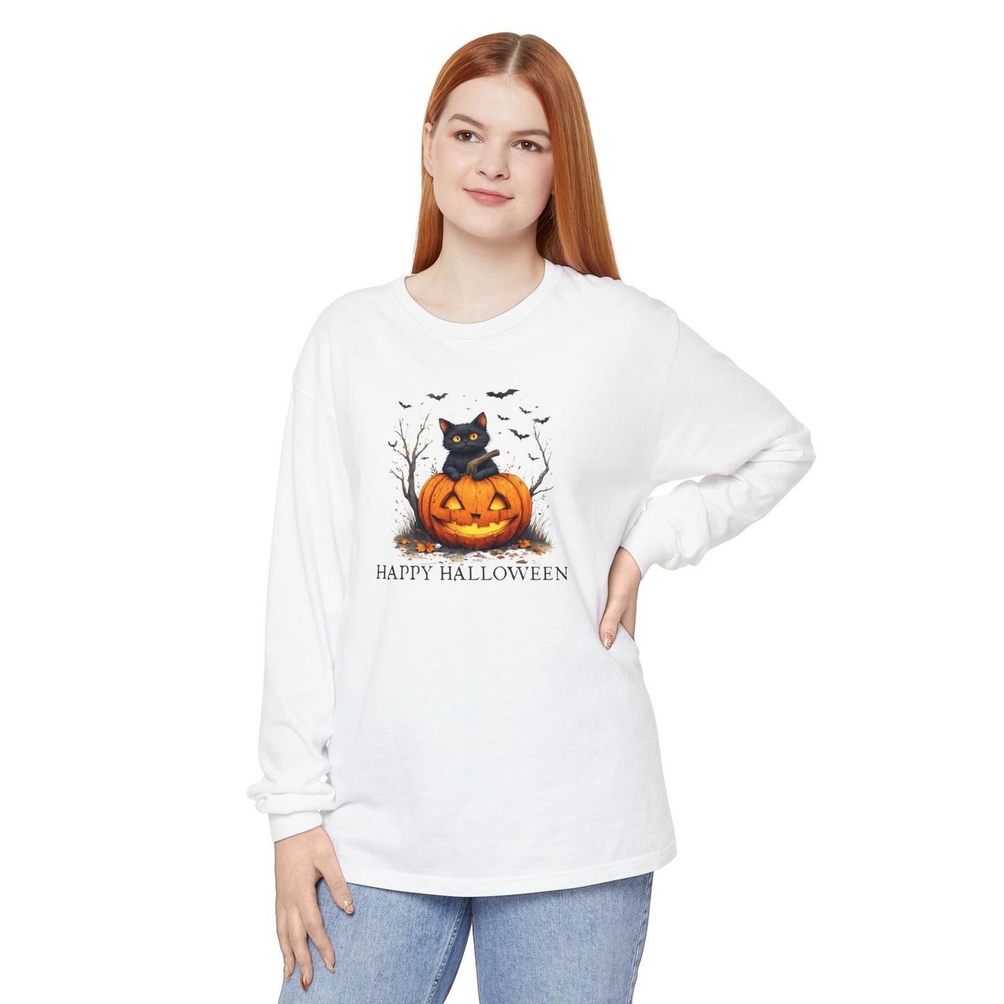 Happy Halloween Cat Long Sleeve Tee for Festive Cat Lovers