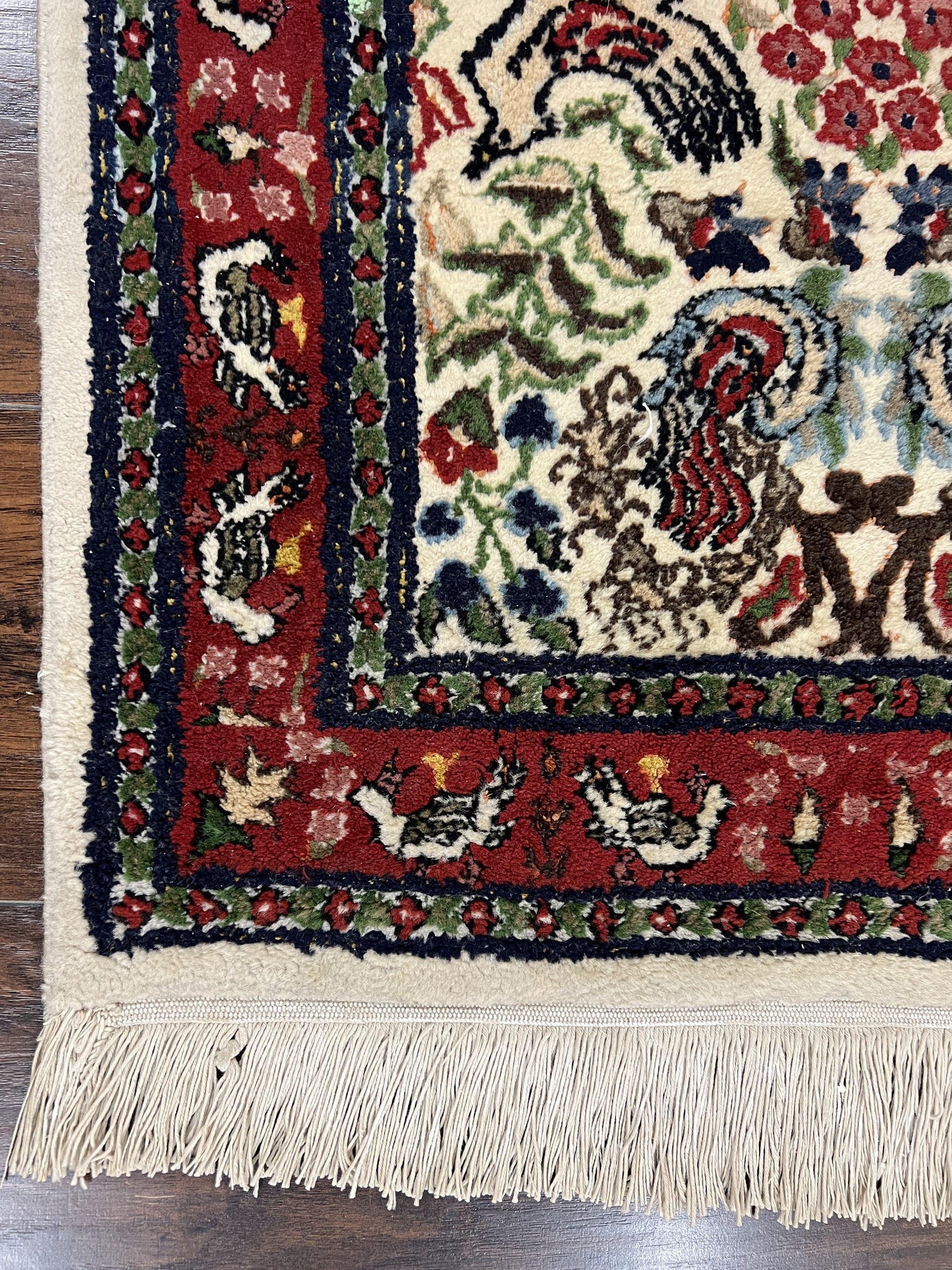 Small Indo Persian Rug 2x3 ft, Wool with Silk Highlights, Animal Pictorials, Birds