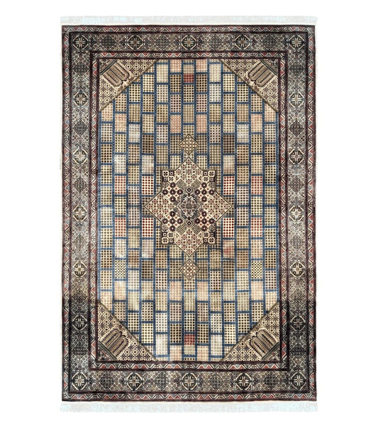 Sino Persian Silk Rug 6.4 x 9.9, Very Fine Hand Knotted Carpet, Panel Design Multicolor, Silk Pile on Silk Foundation, Handmade Vintage
