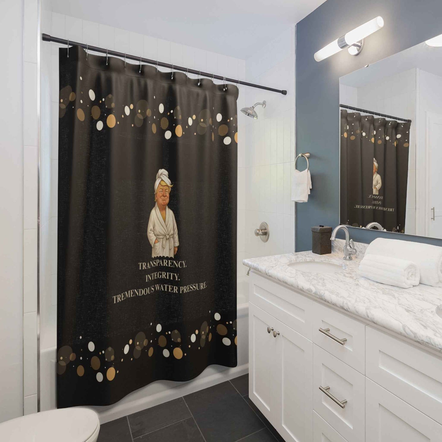 “Transparency. Integrity. Tremendous Water Pressure.” Shower Curtain