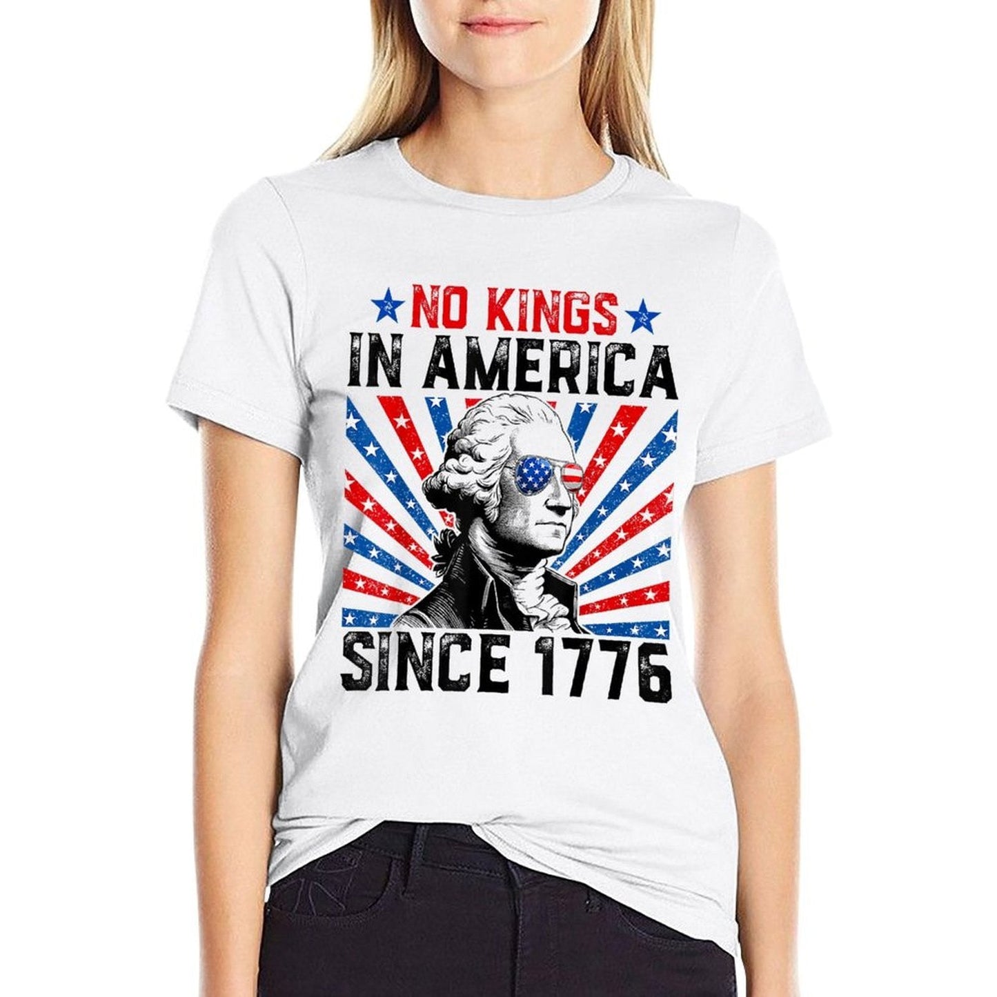 No Kings in America Since 1776 Distressed USA Vintage  Ribbed Collar T-Shirt