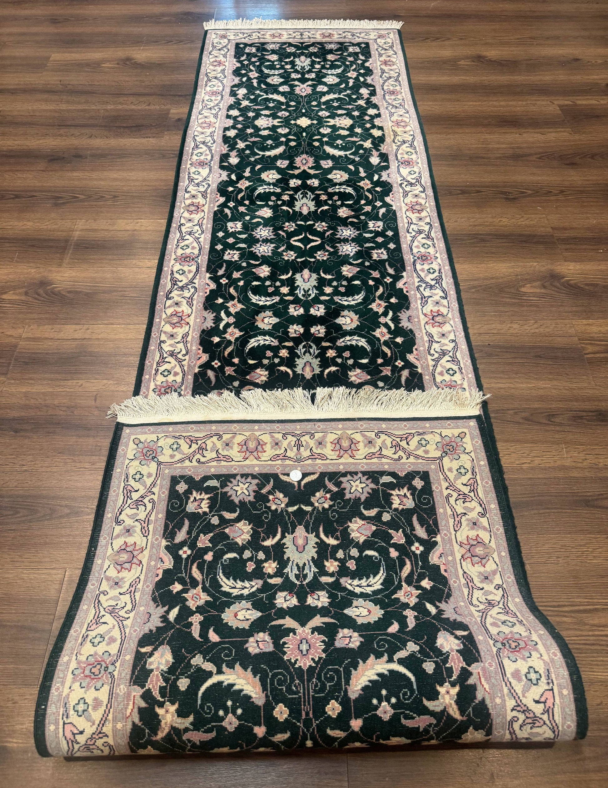 Pak Persian Runner Rug 2.6 x 10, Dark Green and Beige, Floral Allover