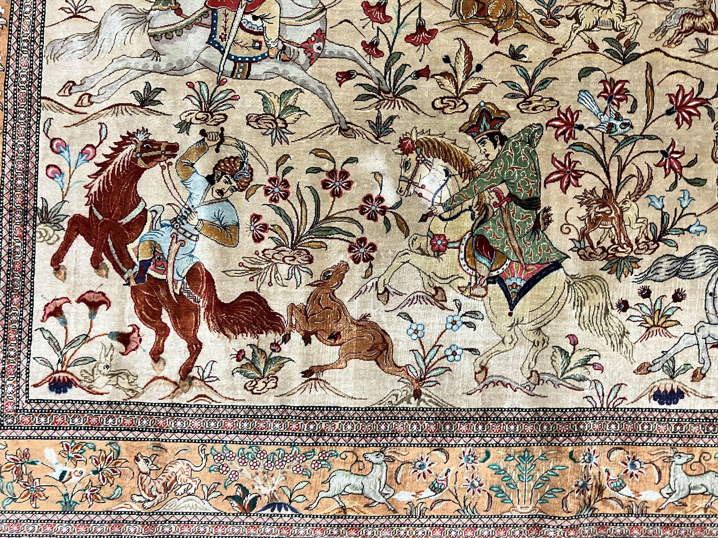 Silk Persian Qum Rug 3x5, Hunting Pattern, Handmade Vintage Carpet, Signed by Master Weaver, Horsemen Pictorials, Super Fine 650 KPSI