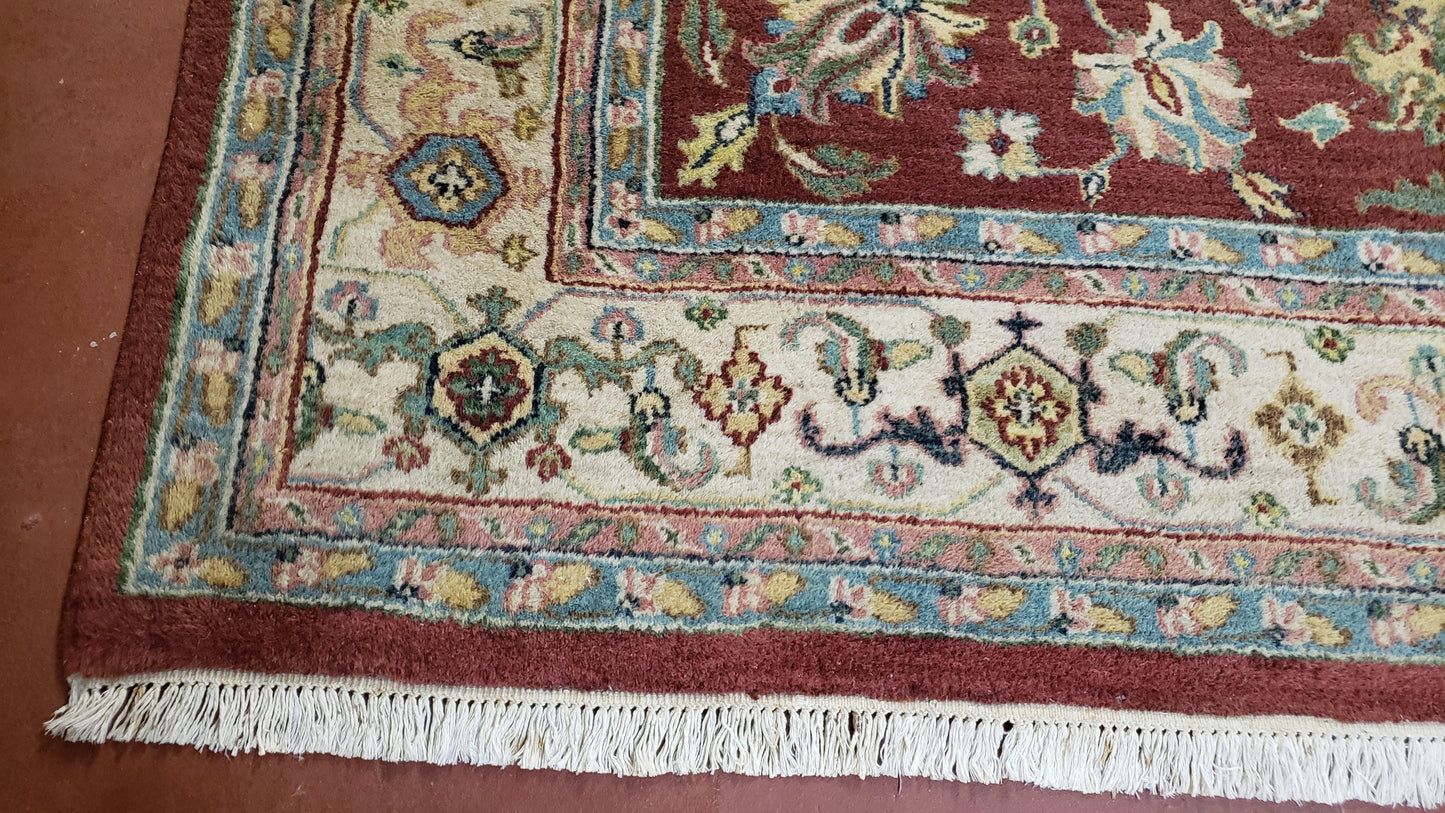 8x12 Indo-Mahal Rug, Floral Allover, Red & Beige, Wool Vintage Handmade Traditional Carpet
