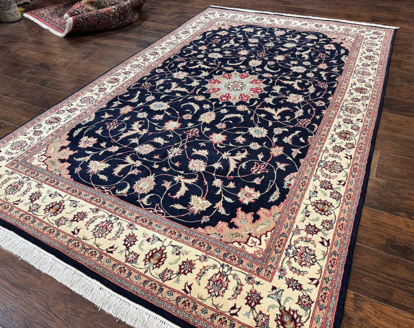 Navy Blue Pak Persian Rug 6x10, Floral Medallion, Traditional Persian Area Rug, Fine 240 KPSI