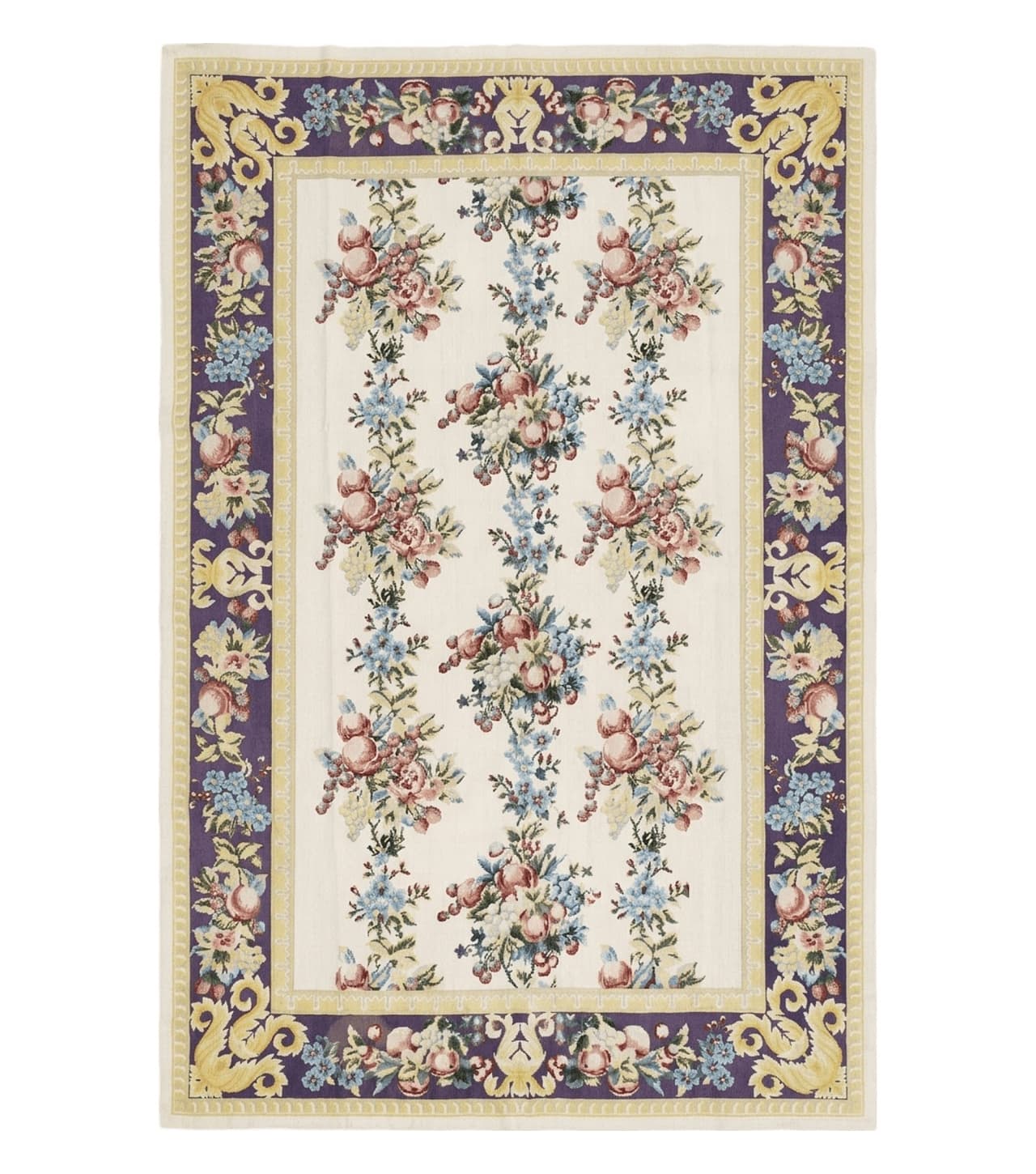 Vintage Chinese Floral Needlepoint Area Rug 6x9, Wool Hand-Woven Handmade Flatweave Rug, Ivory & Purple, Fruits Grapes Apples, Dining Room