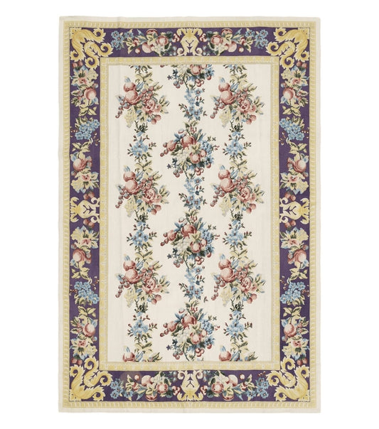 Vintage Chinese Floral Needlepoint Area Rug 6x9, Wool Hand-Woven Handmade Flatweave Rug, Ivory & Purple, Fruits Grapes Apples, Dining Room
