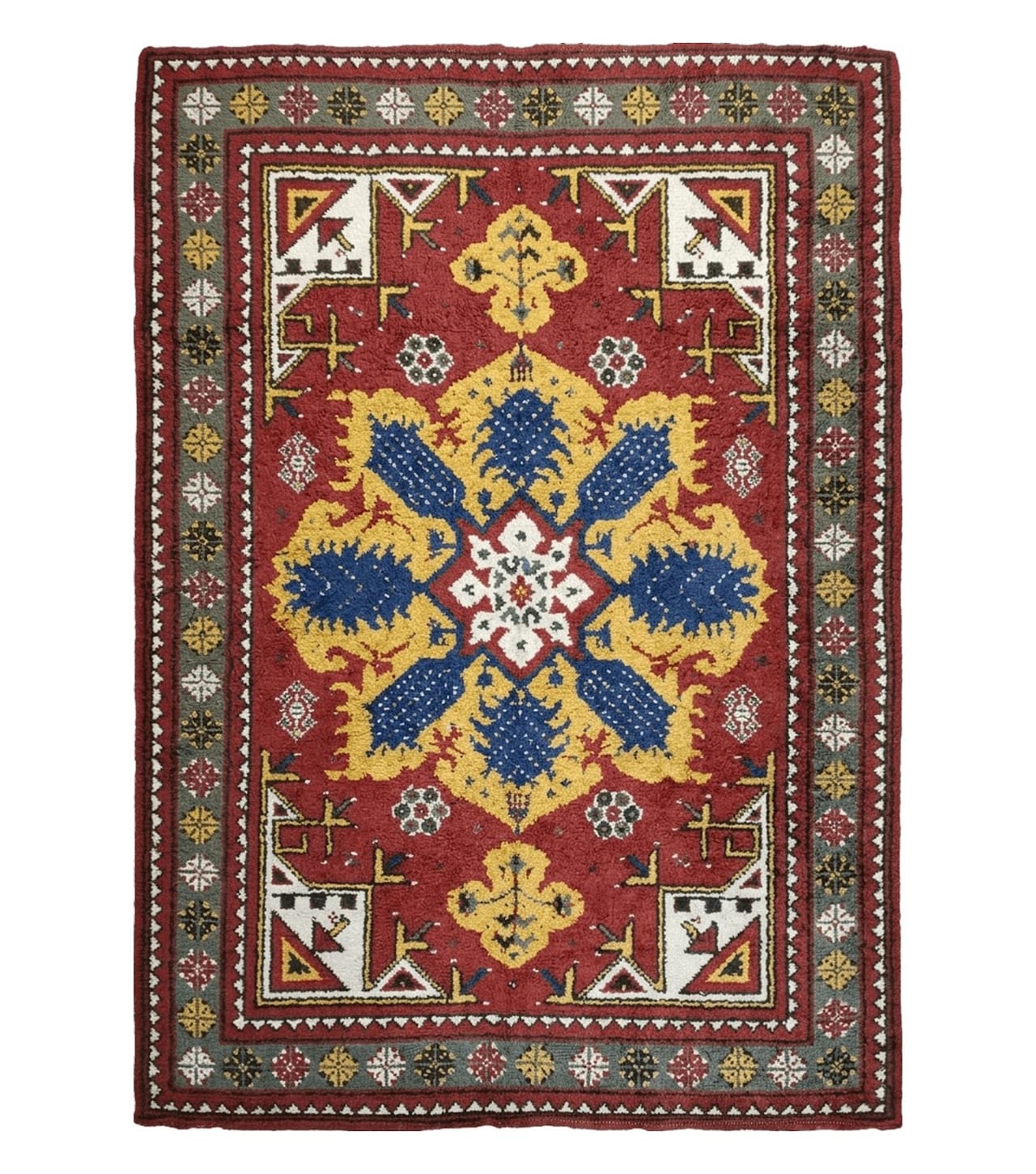 Colorful Moroccan Heriz Rug 6x9, Large Central Medallion, Red Yellow Blue