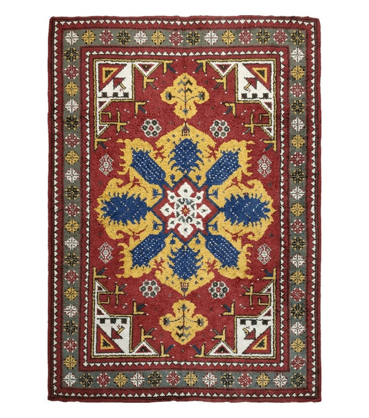 Colorful Moroccan Heriz Rug 6x9, Large Central Medallion, Red Yellow Blue