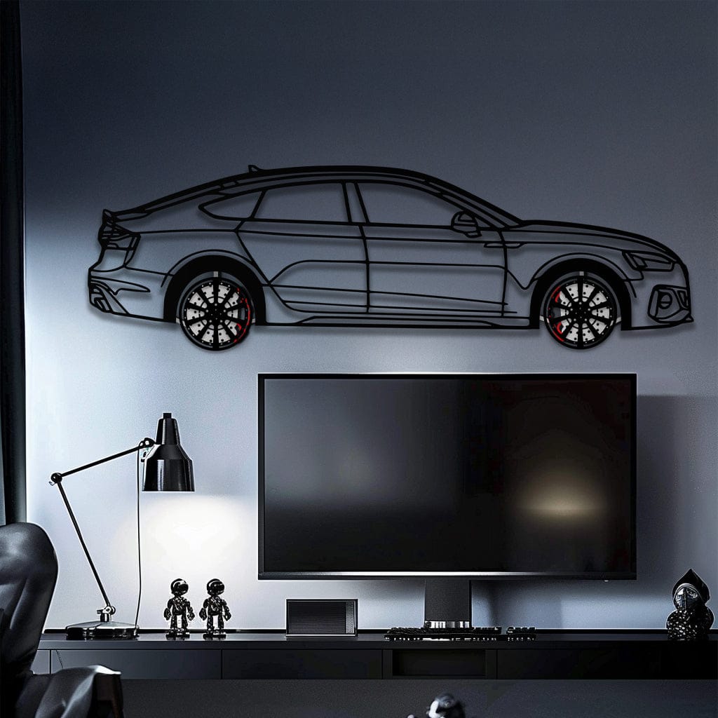 Audi RS5 Metal Car Wall Art with Rotating Wheels - Performance Sportback Silhouette Decor - Interactive Automotive Wall Art - KAFMEKA097