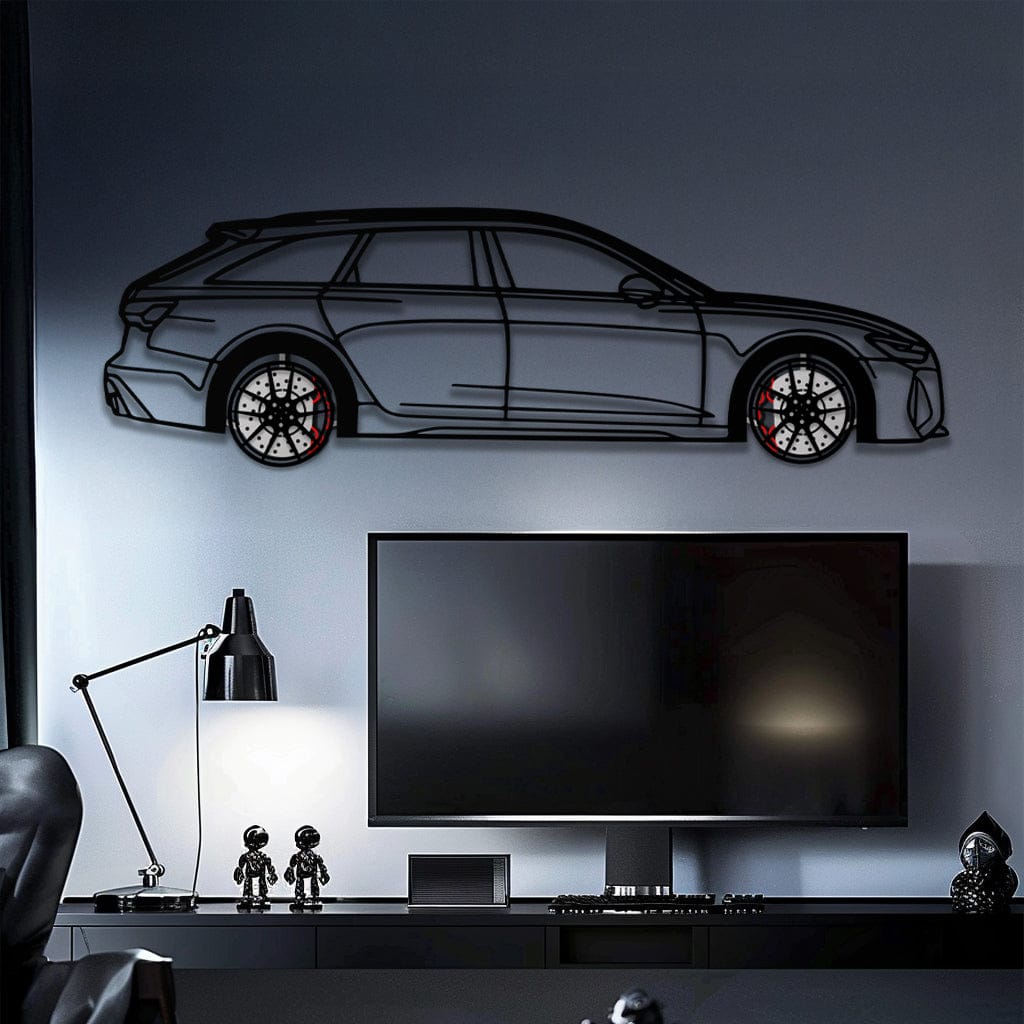 Audi RS6 Avant Metal Car Wall Art with Rotating Wheels - Super Wagon Silhouette Decor - Interactive Automotive Wall Art - KAFMEKA098