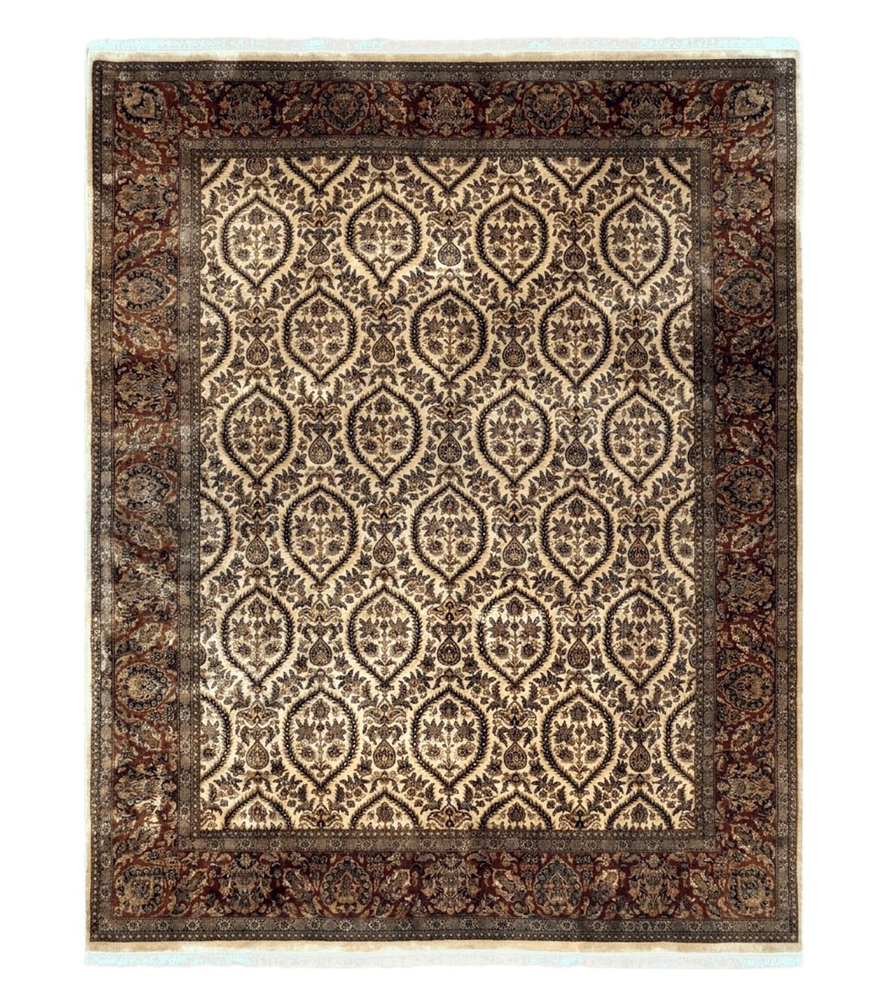 Vintage Indo Persian Area Rug 9x12, Wool Hand-Knotted Ivory & Dark Red Oriental Carpet, Fine Weave 9 x 12 Indian Rug, Dining Room Rug