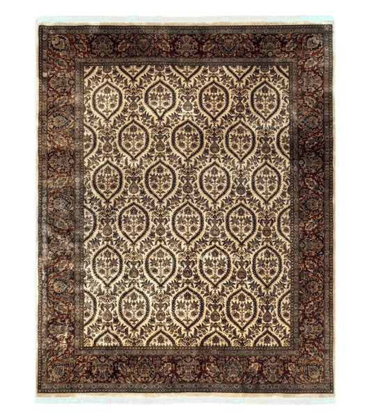 Vintage Indo Persian Area Rug 9x12, Wool Hand-Knotted Ivory & Dark Red Oriental Carpet, Fine Weave 9 x 12 Indian Rug, Dining Room Rug