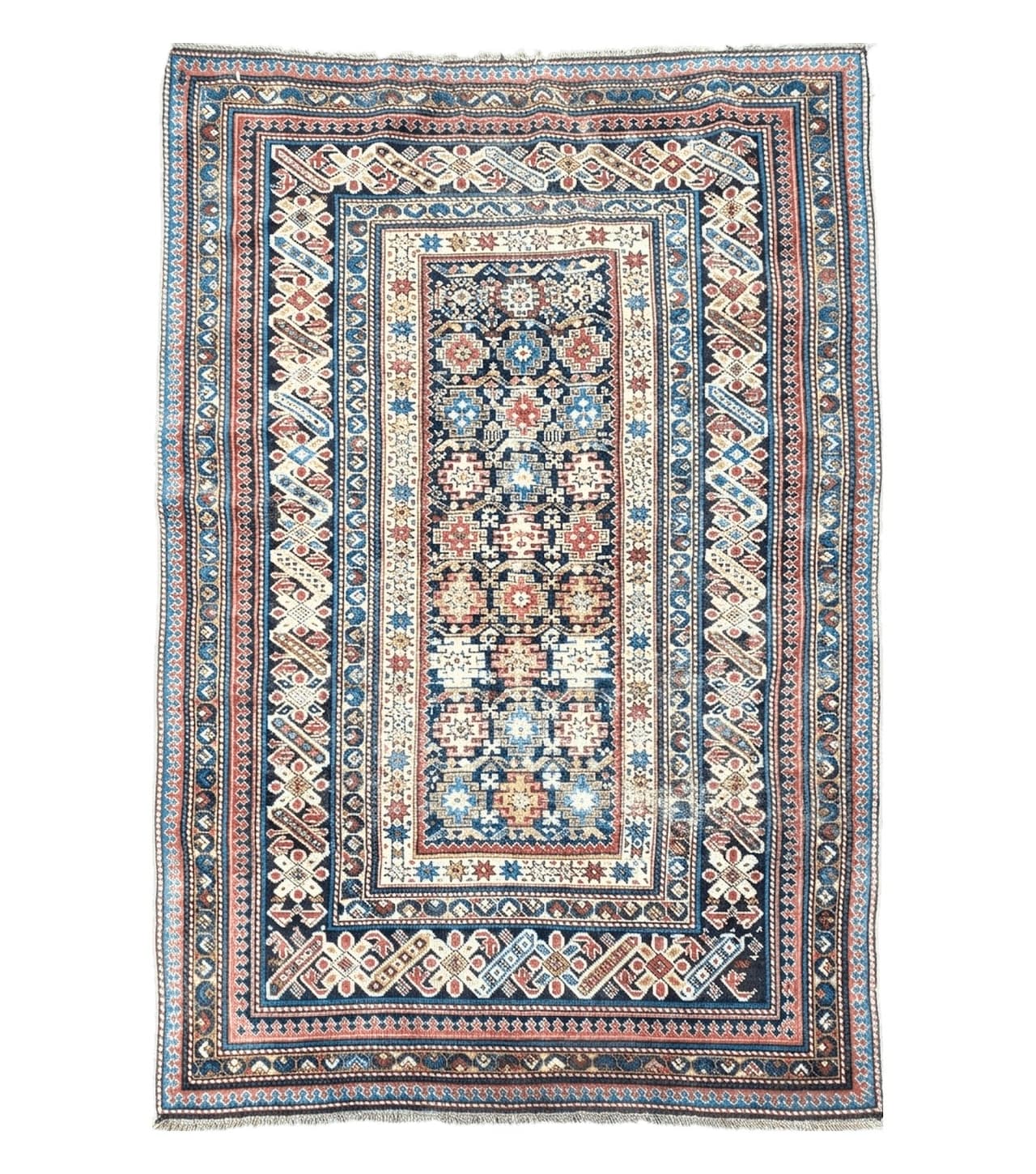 Caucasian Rug 3'9" x 5'7", Antique 1920s Collectible Caucasian Chi Chi Carpet, Hand Knotted, Colorful, Dark Blue Cream Red, Wool, Small Rug