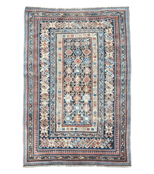 Caucasian Rug 3'9" x 5'7", Antique 1920s Collectible Caucasian Chi Chi Carpet, Hand Knotted, Colorful, Dark Blue Cream Red, Wool, Small Rug