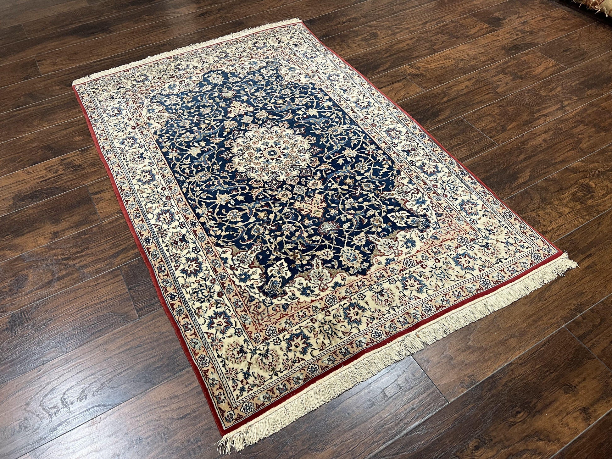 Super Fine Persian Nain Rug 3.6 x 5.4, Navy Blue and Ivory, 700 KPSI