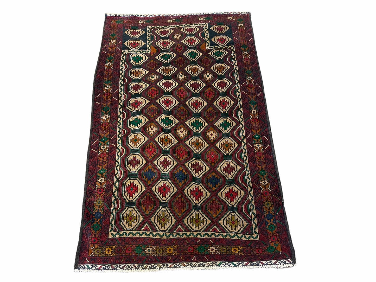 3x5 Vintage Handmade Wool Rug Tribal Turkoman Balouch Prayer Rug Organic Dyes