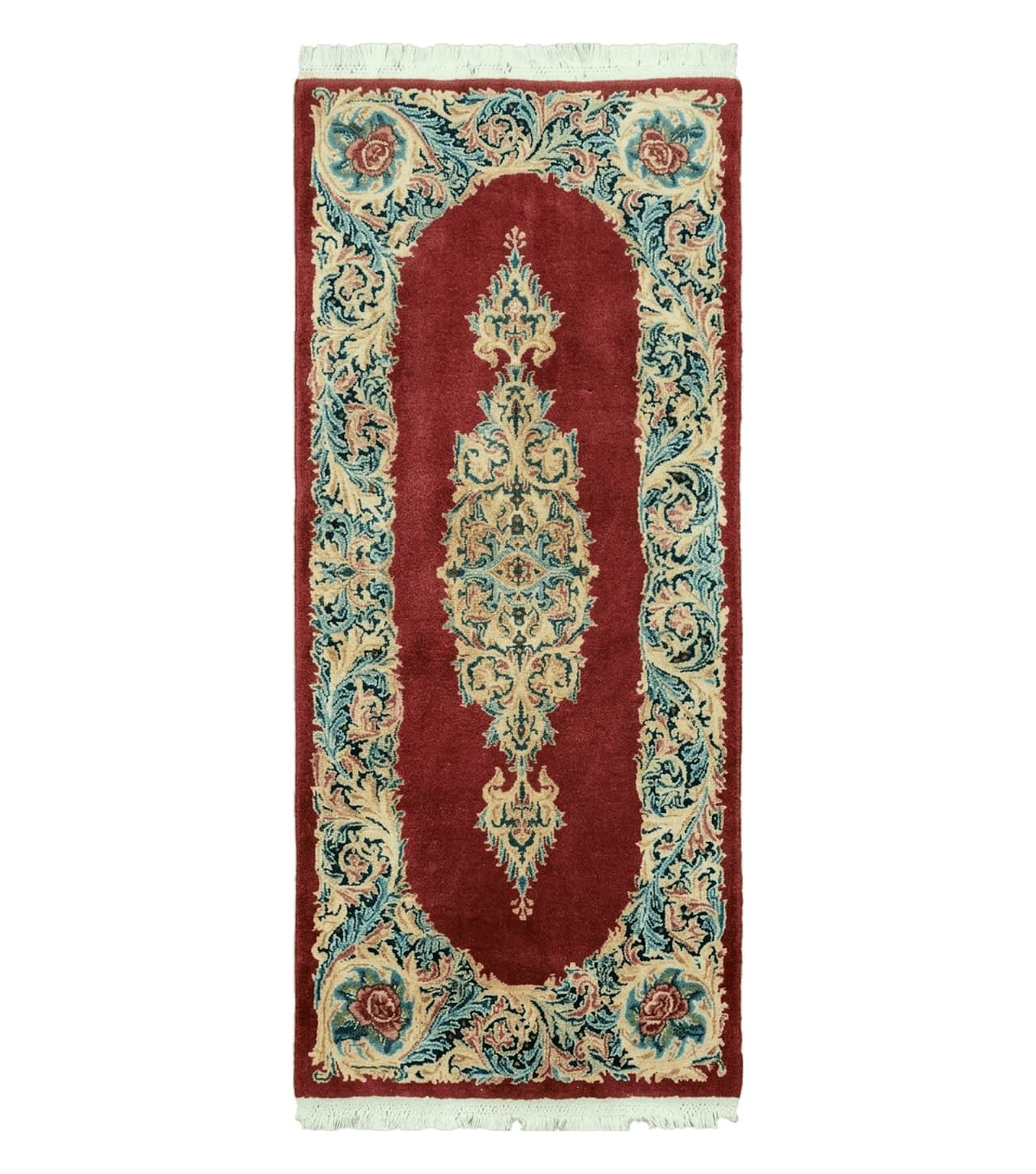 Small Persian Kirman Rug 2x4, Wool Oriental Vintage Handmade Carpet, Hand Knotted Floral Medallion, Red & Beige, Semi Open Field