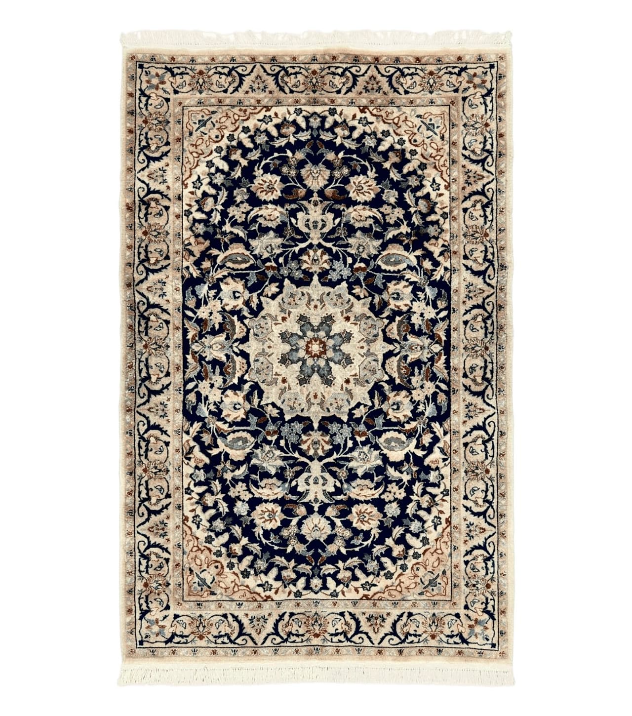 Persian Nain Rug 3x5, Floral Medallion Oriental Carpet, Very Fine Hand Knotted Handmade Wool and Silk Highlights Rug, Vintage Semi Antique