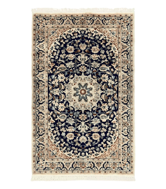 Persian Nain Rug 3x5, Floral Medallion Oriental Carpet, Very Fine Hand Knotted Handmade Wool and Silk Highlights Rug, Vintage Semi Antique