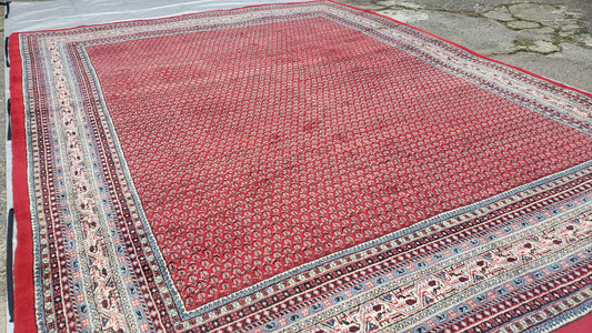 Persian Sarouk Mir Pattern, Red and Beige, Hand-Knotted, Wool, Paisley Boteh Design, 9'9" x 13', Semi Antique