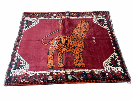 5 X 6 Handmade Rug Zagros Quality Wool Rug Lion Organic Dyes Red Leopard Tribal