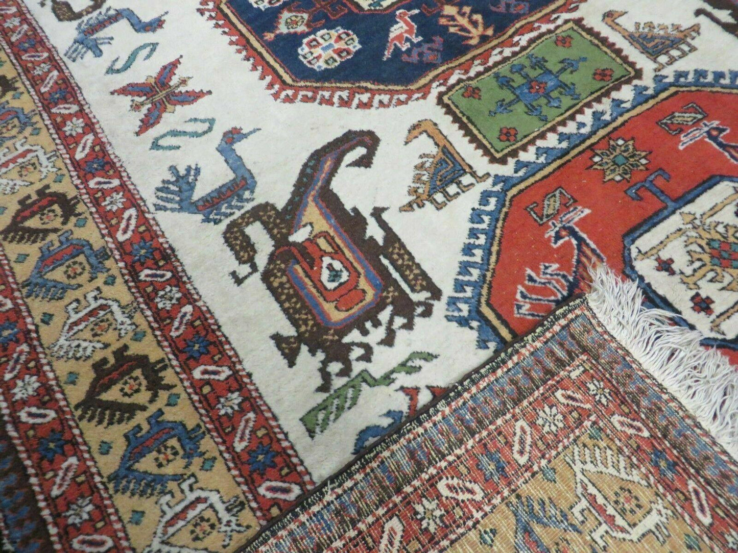 7' X 10' Vintage Handmade Knotted Turkish Wool Rug Birds Animal Ivory Organic
